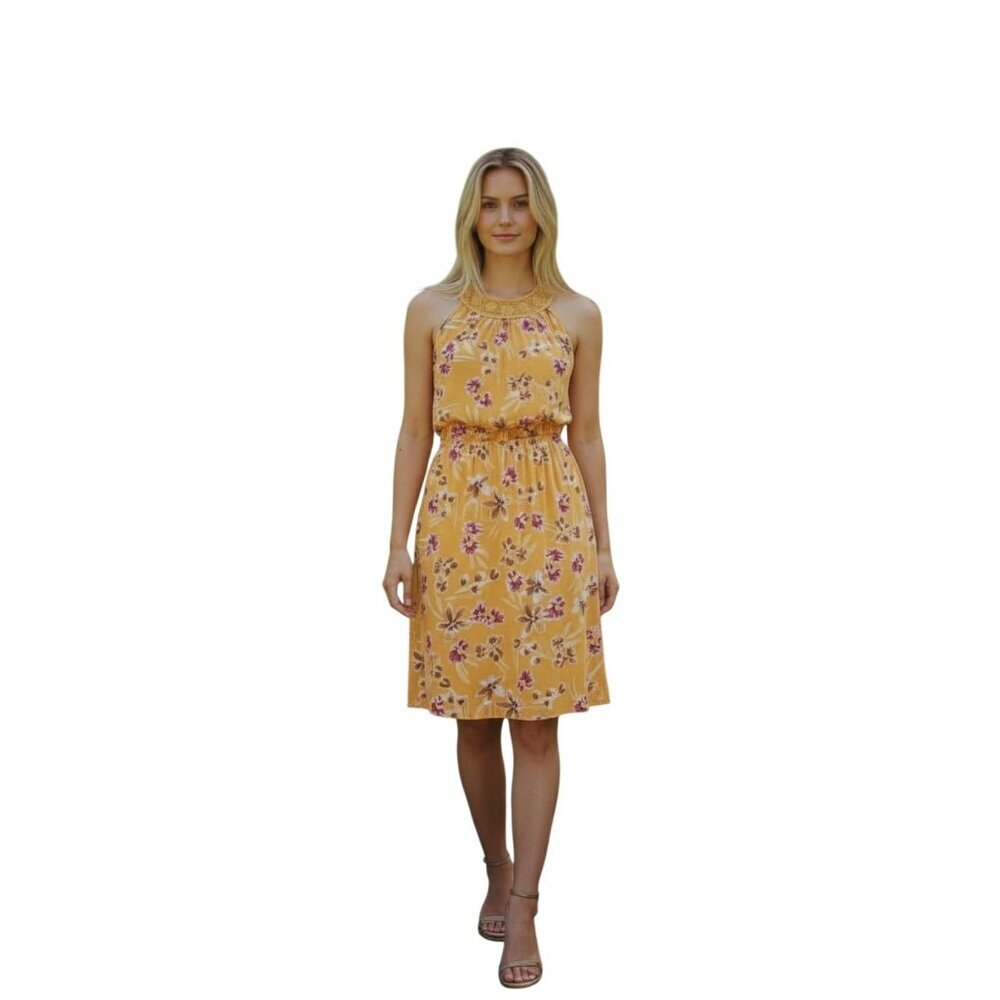 Daniel Rainn Mezzie Halter Neck Dress~Size XS~Yellow Floral Midi~NWT ~ L1 07